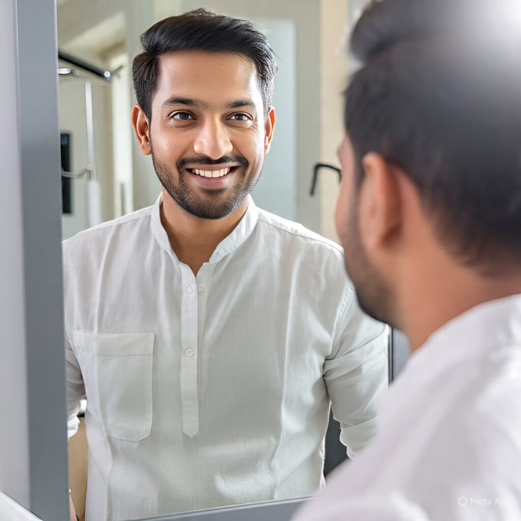 Indian man smiling after hair transplant - GLOWIQUE Clinic